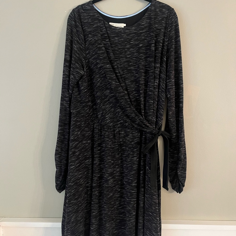 Gray Ruched Wrap Dress with Bishop Sleeves
